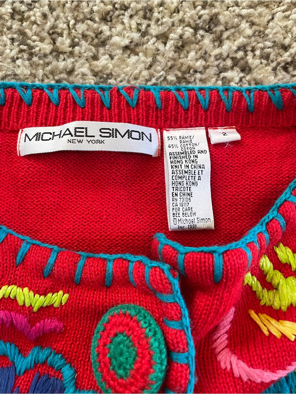 Vintage Michael Simon Red Cardigan with Turquoise Trim and Multicolor Embroidery - Picture 6 of 9